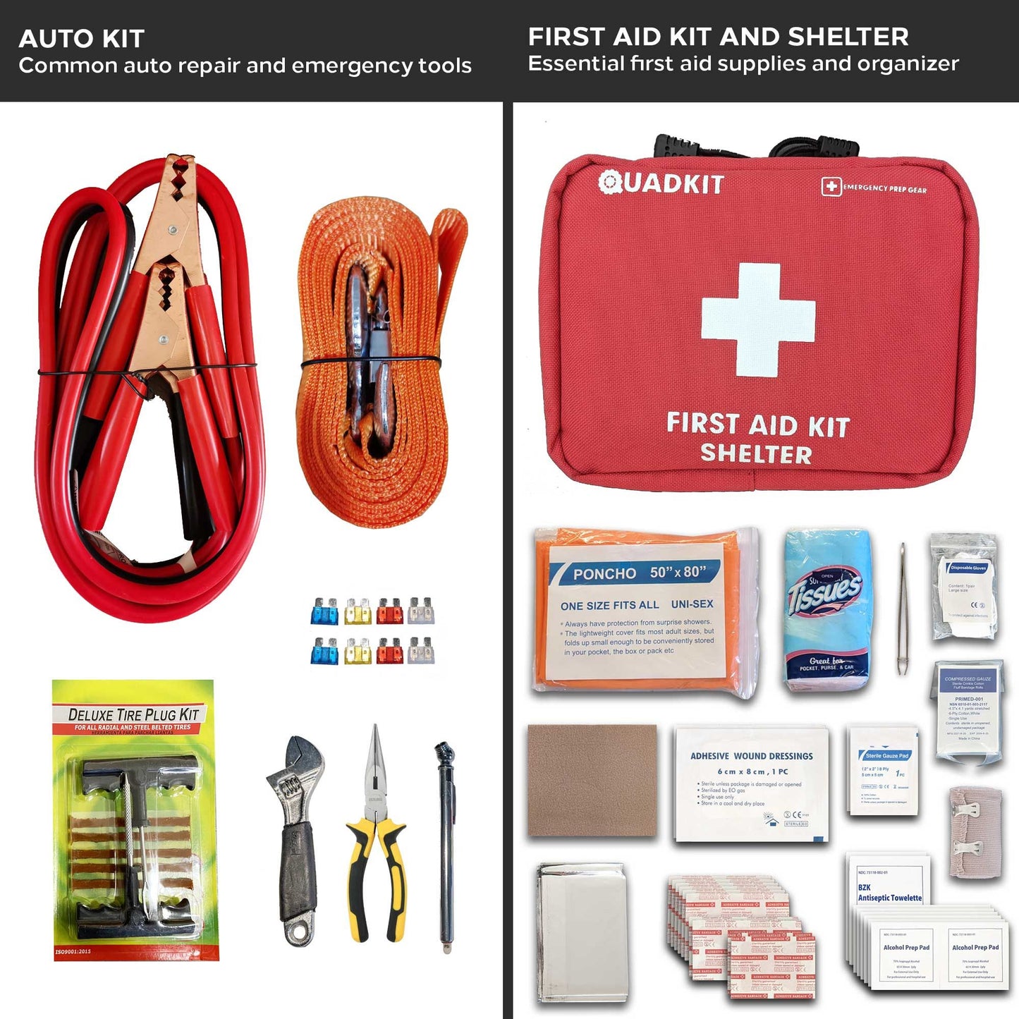 QUADKIT ATV Emergency Kit (106 Essential Items) for ATV;  UTV;  SxS;  4 Wheelers;  Quads;  Side by Sides;  4x4s;  Off-Road | 4-in-1 Kit: Auto Kit;  First Aid Kit;  Survival Kit;  Fastener Kit